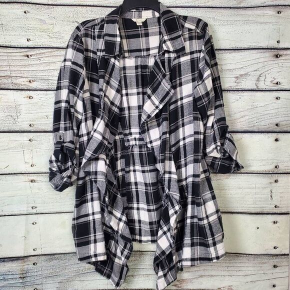 EST. 1946 Women’s Plaid Waterfall Open Front Cardigan Black White Plus Size 18/2 - Picture 1 of 10